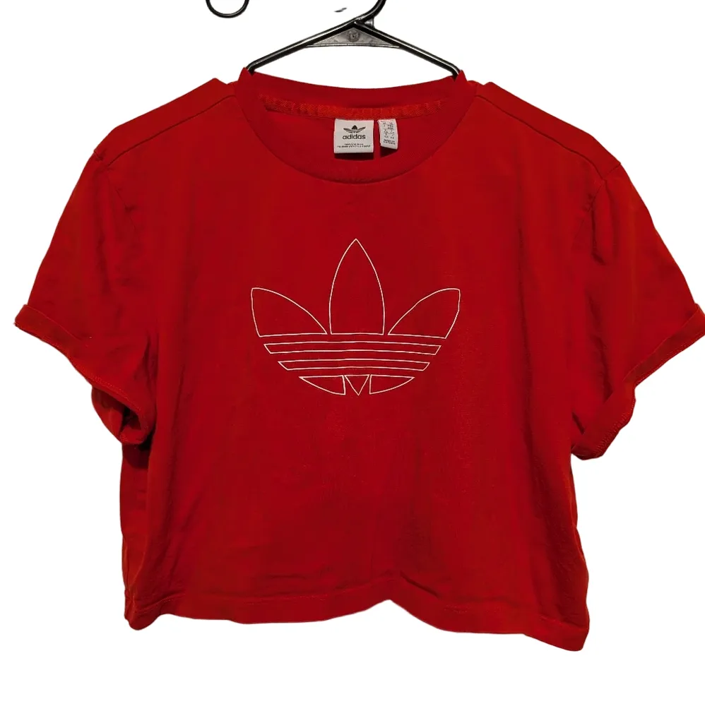 Adidas Originals Womens Medium Red Cropped TShirt Trefoil Logo Sporty Casual - Image 5