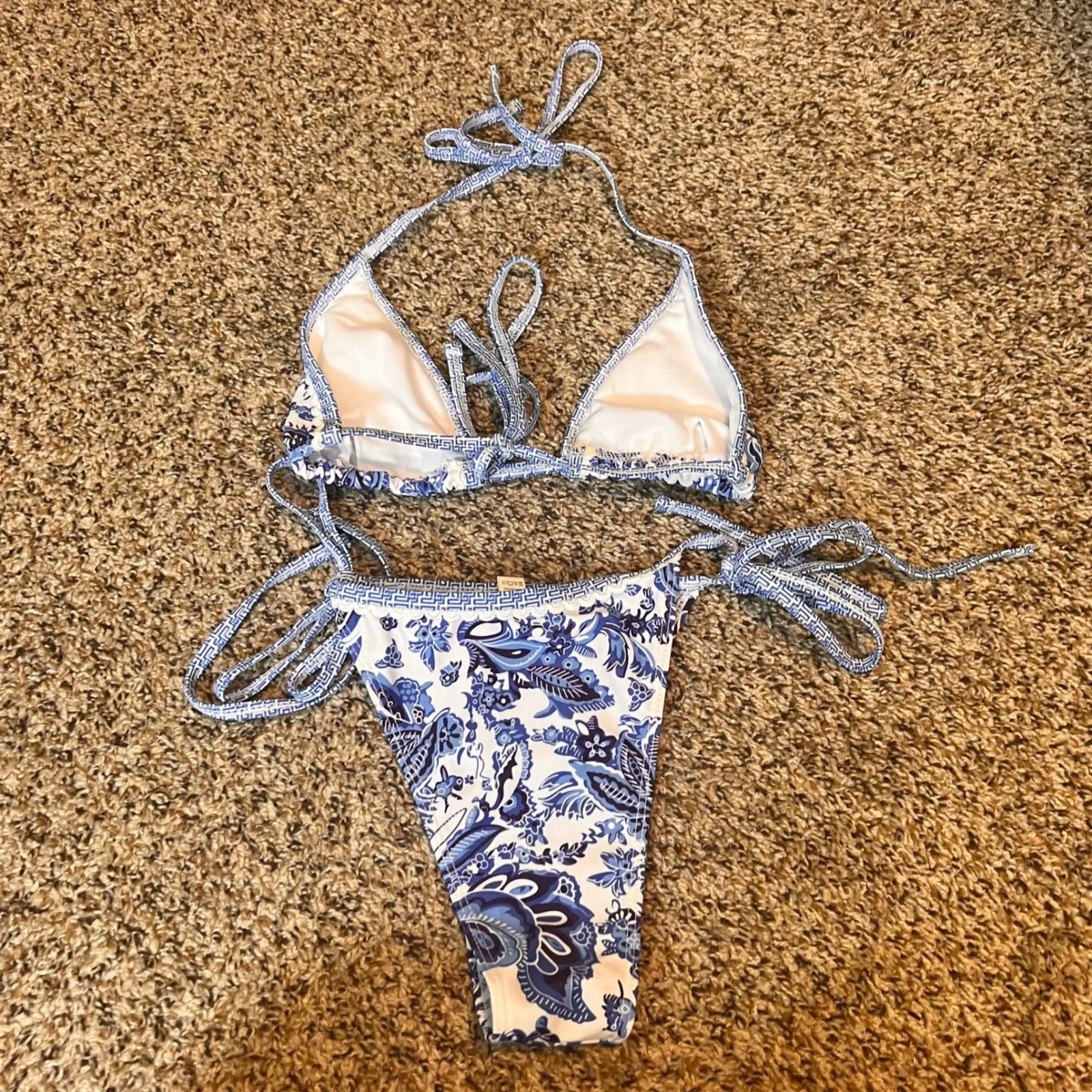 Blue Floral Print Tie Side Bikini Set Women's Swimsuit Beach Vacation Summer - Image 4