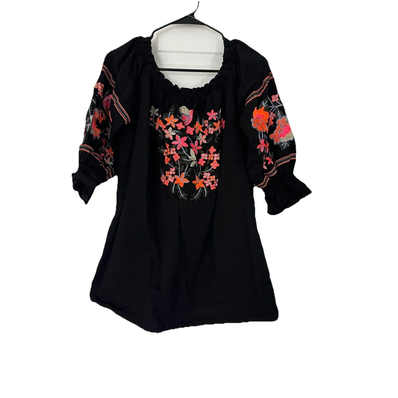 Black Boho Colorful Embroidered Tunic Mini Dress  Size Medium Peasant Resort - Image 2