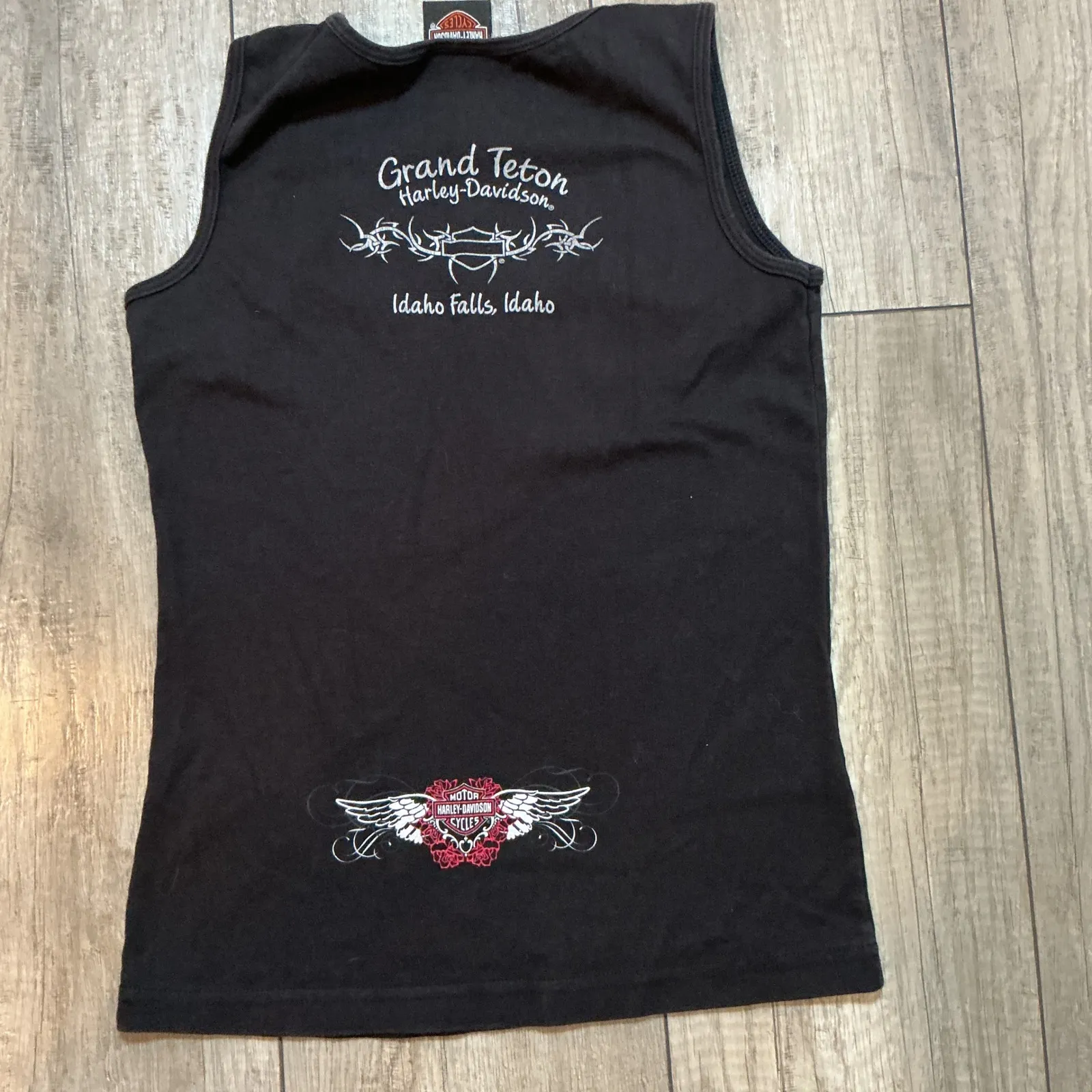 Harley Davidson Tank Top Grand‎ Teton Idaho Falls Roses Wings Graphic Sz M Black Size M - Image 5