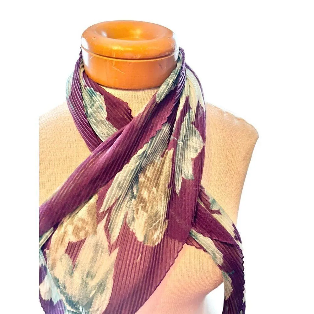 Vintage Floral Pleated Silk Scarf Purple & Green 26" x 26" - Image 4