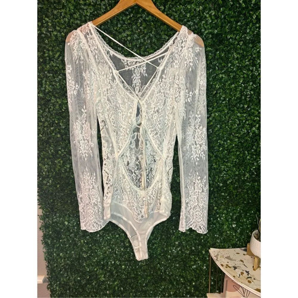 NWT $168 FREE PEOPLE Ready To Party Bodysuit White Embellished Lace Mesh Sheer S - Image 6