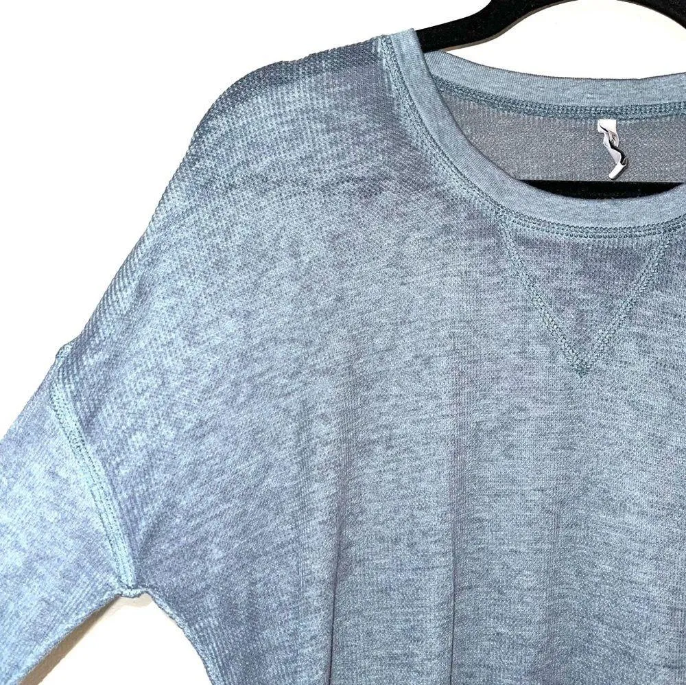 Blue Thermal Waffle Knit Semi-sheer Long Sleeve Tee - Image 3