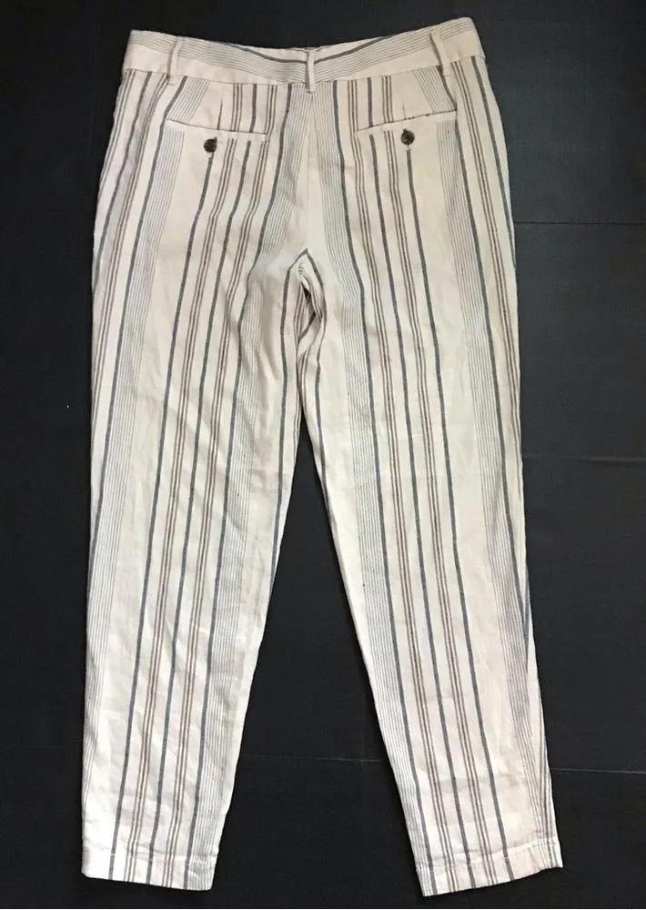 LOFT Women Size 8 Linen Blend Striped Fluid High Waist Pants White - Image 4