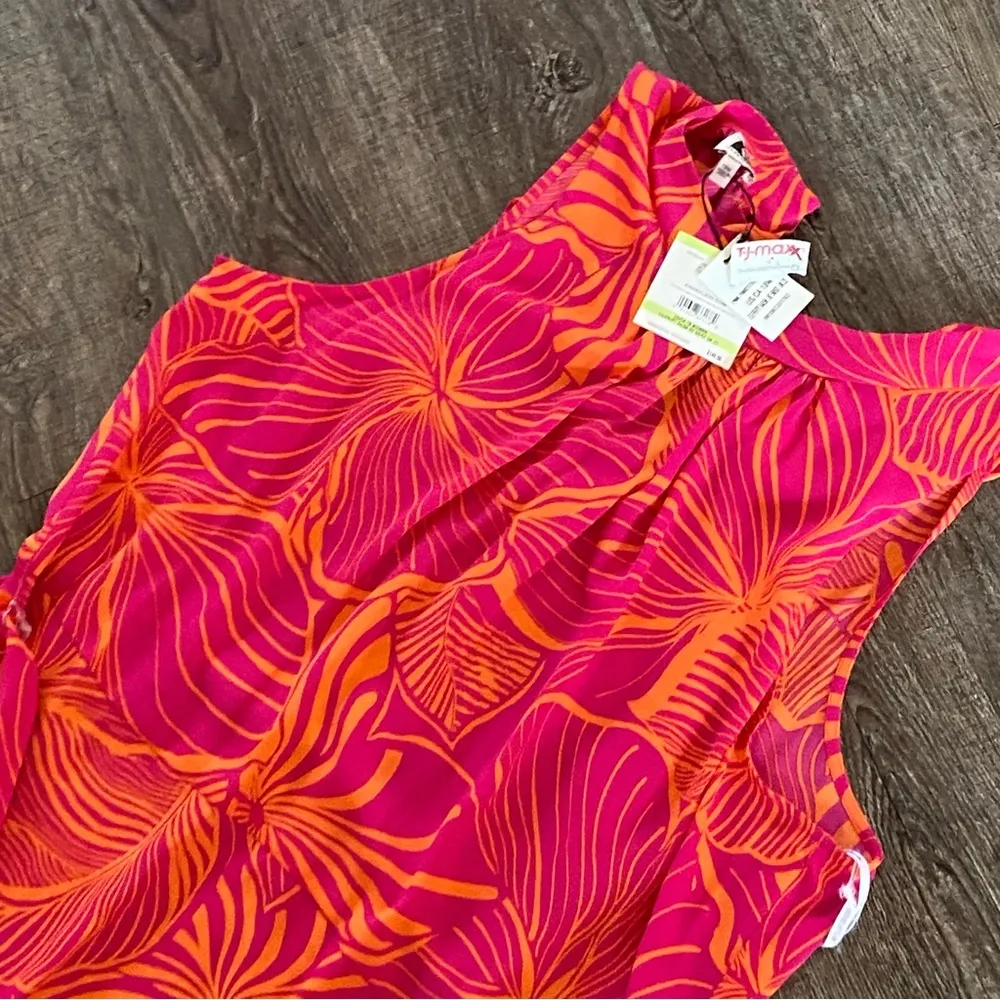 ANNE KLEIN Maxi Dress 18W Pink Orange Floral Tiered Halter Neck Tropical Belt - Image 4