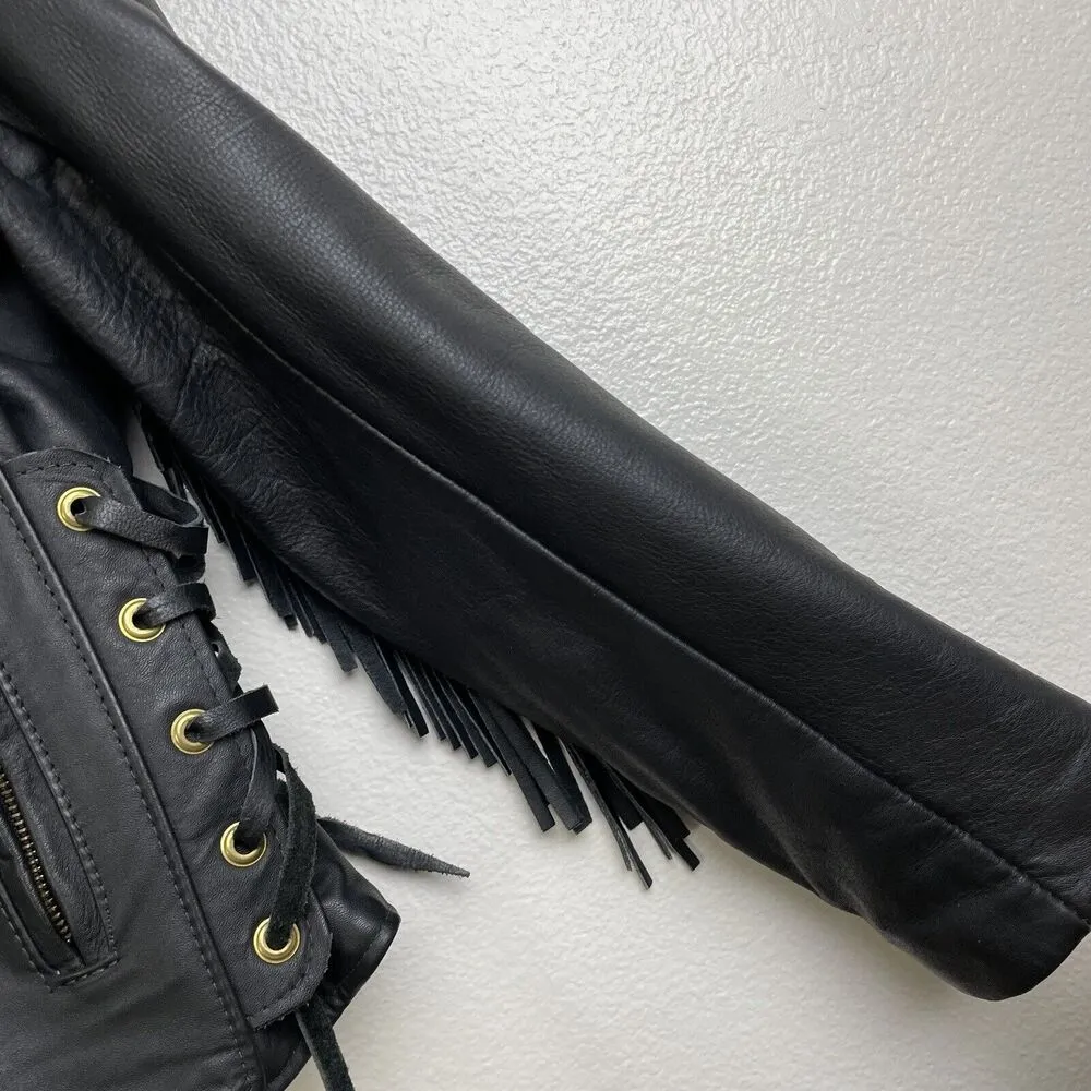 Vintage California Creations Heavy Leather Biker Jacket Womens 16 Black Fringe - Image 7