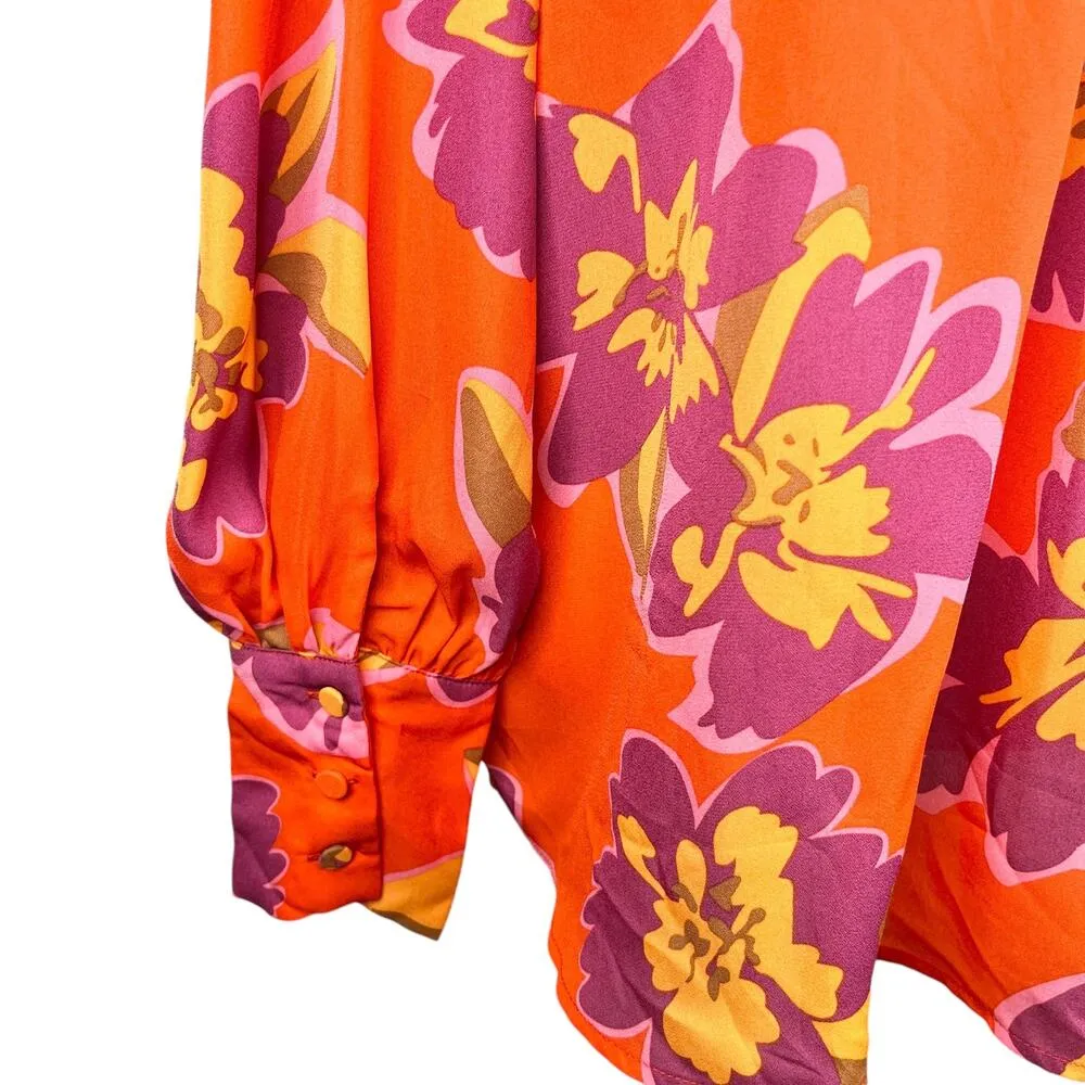 BTFBM Retro Button Down Large Shirt Top Bright Colors Lapel V Neck Orange - Image 7