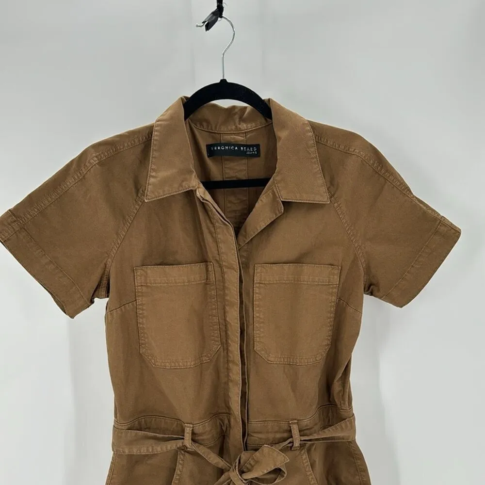 VERONICA BEARD Cropped cotton-blend twill jumpsuit brown tan casual size S - Image 4