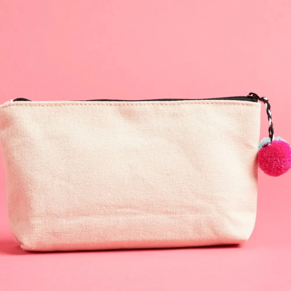 MAKEUP THEME COSMETIC BAG WITH POM POMS Tan - Image 3