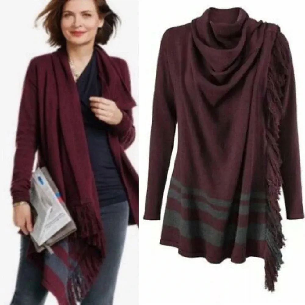 CAbi Port‎ Wine Fringe Wrap Cardigan Sweater - Image 2