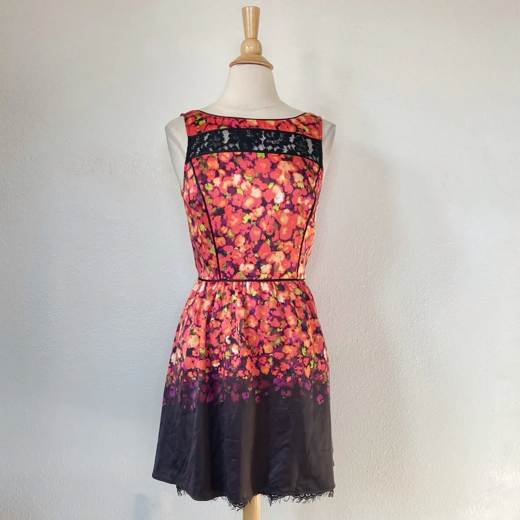 Satin & Lace Watercolor Floral Fit & Flare Cocktail Dress - Image 2