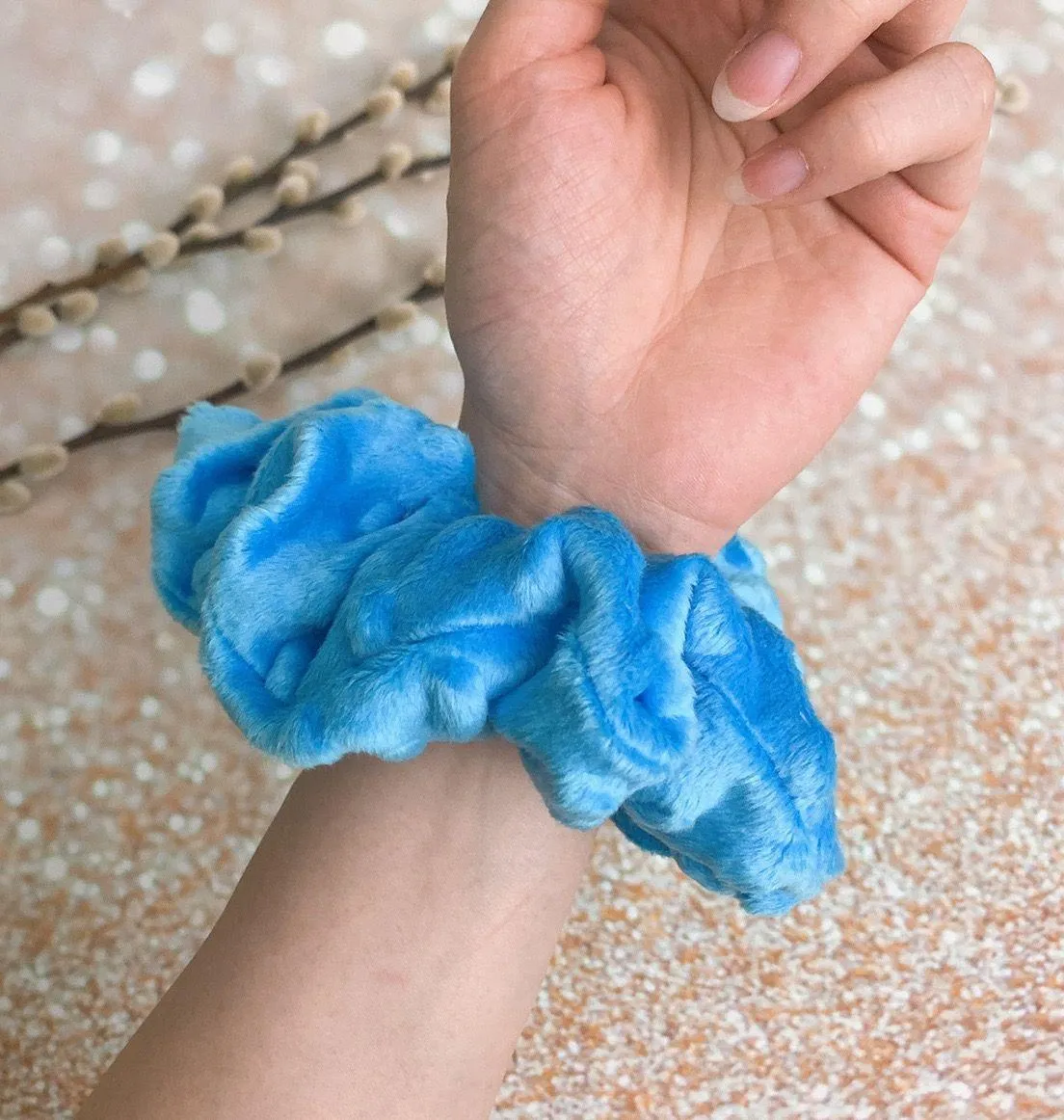 Large minky blue dimple dots hair Scrunchie - Image 3