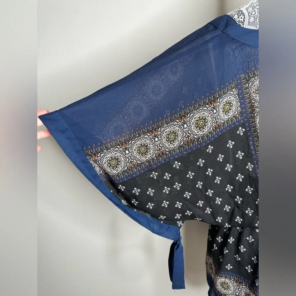 FREE PEOPLE Womens Boho Printed Kimono Tied Sleeve V-Neck Mini Dress Size XS - Image 6