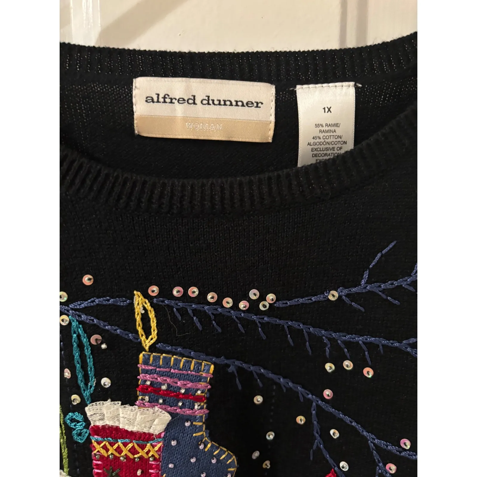 Alfred Dunner Womens Black Ugly Christmas Sweater 1X Stocking Embroidery Sequins - Image 3