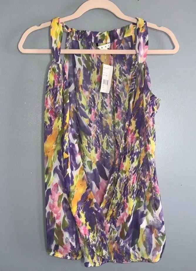 CAbi “Petals” Purple Multi Watercolor Chiffon Crossover Flowy Tank Top Small NWT - Image 6