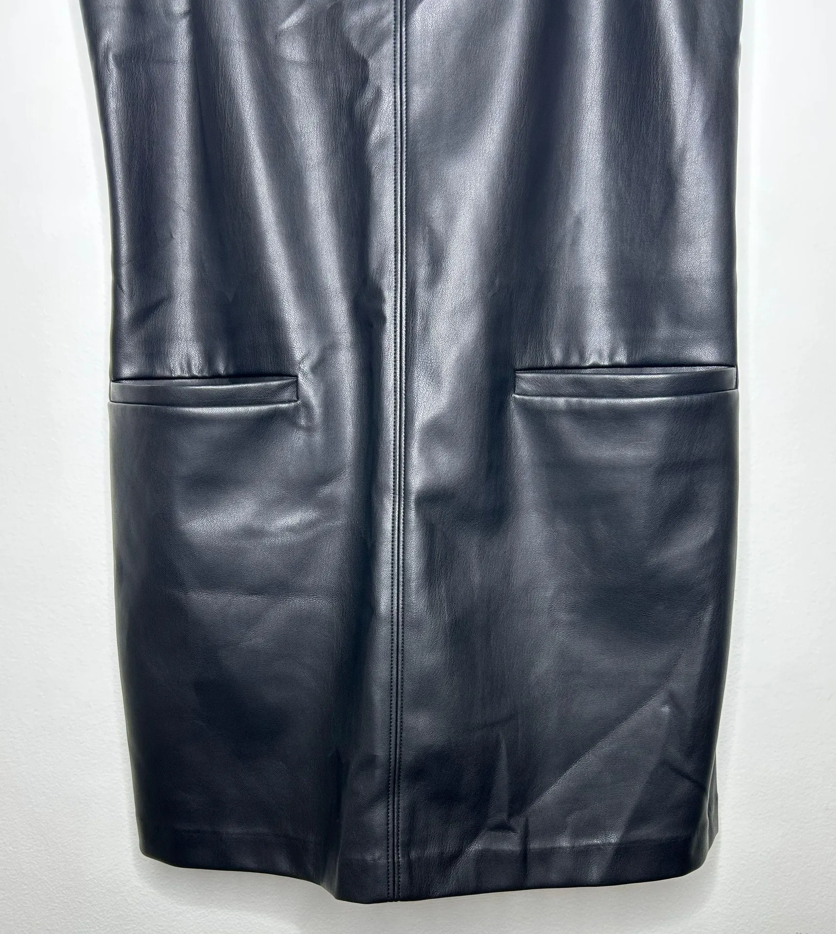 Black Faux Leather Front Pocket Mini Shift Dress Layering - Image 8