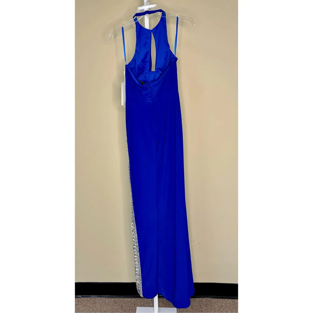 Mac Duggal NWT Jersey Halter Neck Beaded Slit Detail Gown in Cobalt Size 4 - Image 5