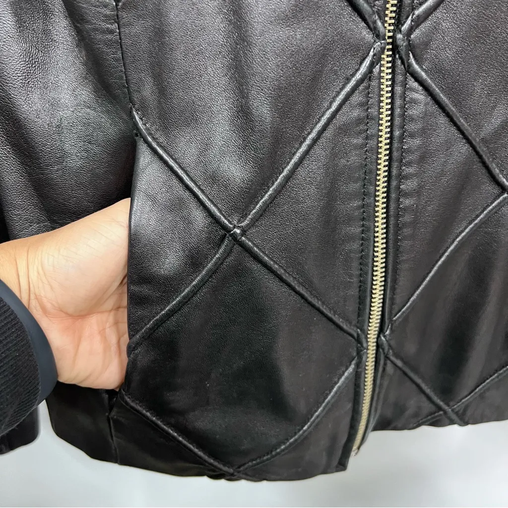 Vintage Mossimo Black Quilted Leather S Jacket Diamond pattern zip up red lining - Image 9