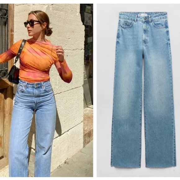 Zara High Rise Full Length Straight Fit Light Wash Jeans Size 6 Influencer‎ Fave - Image 2