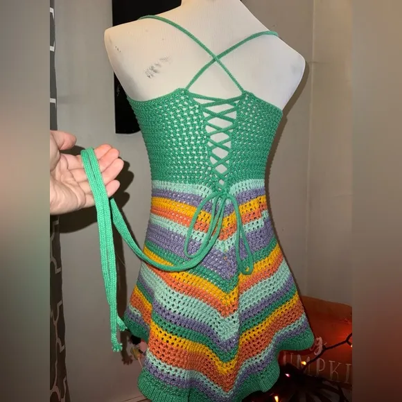 Crochet mini dress in green and purple hues #boho #festivalvibes Size M - Image 2