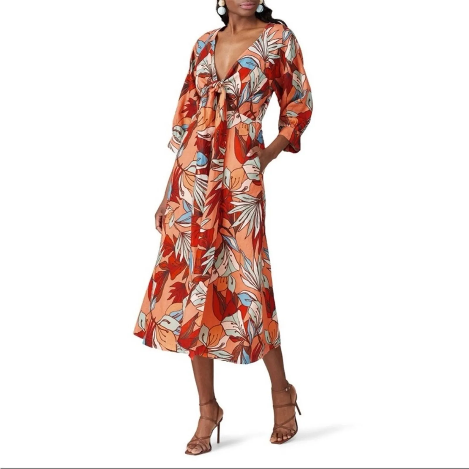 Nicholas Asilah floral linen long sleeve cutout tie midi dress 0 Pink - Image 13