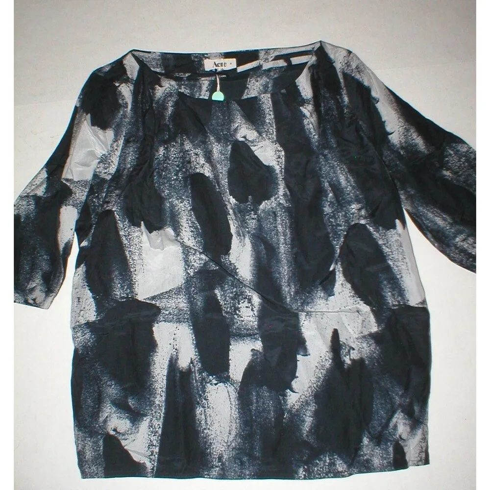 NWT New Womens Designer Acne Blouse Top 36 IT 2 Silk Black Gray Begonia Career - Image 8