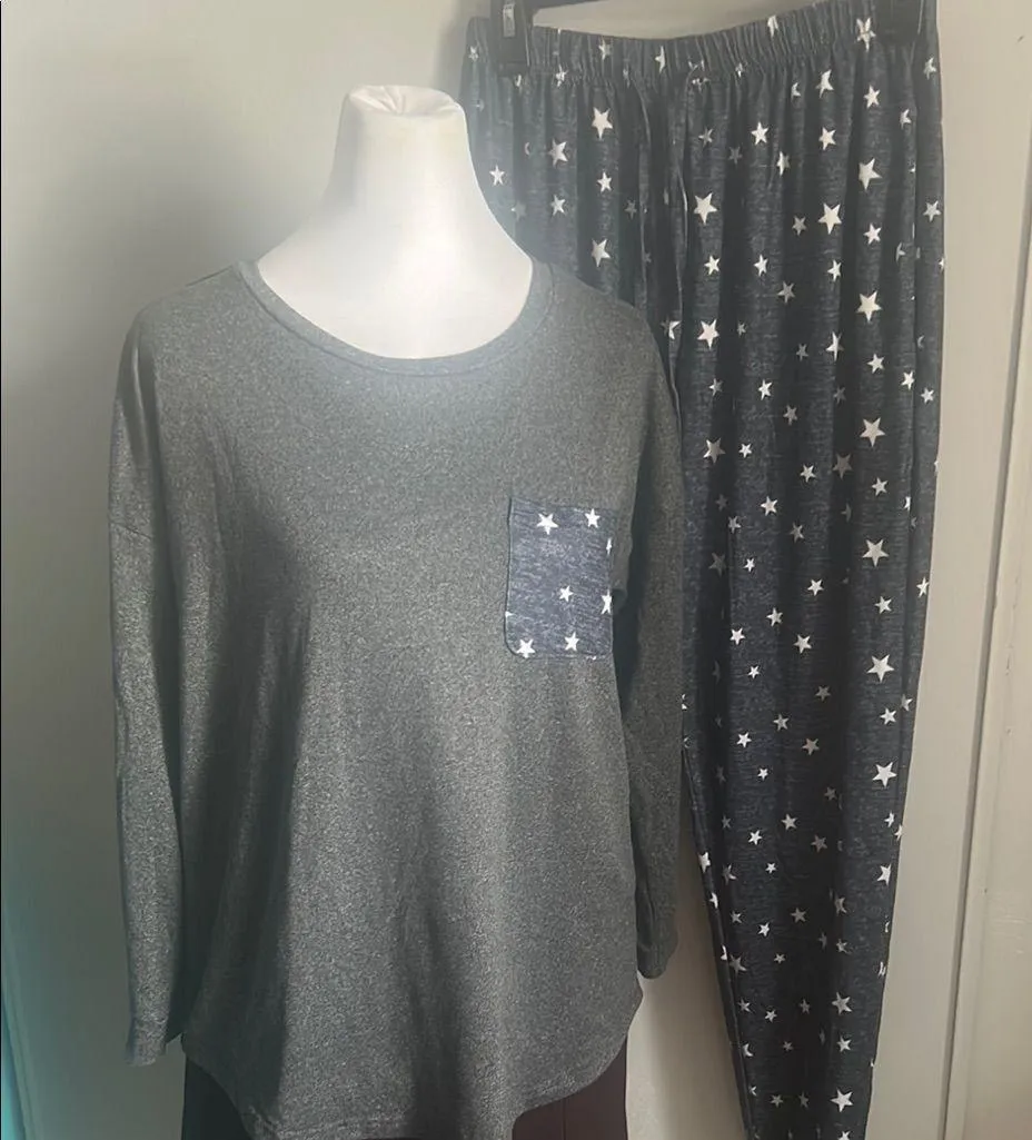 Women’s Gray and Navy Star Print Matching Long Sleeve Soft Lounge Pajama Set - Image 1