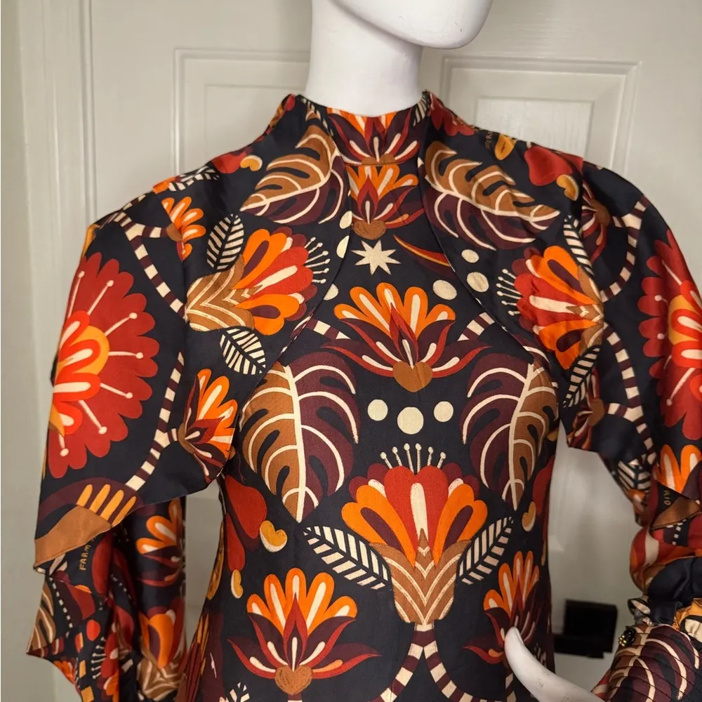 FARM Rio  RED NATURE BEAUTY SCARF BACKLESS MIDI DRESS Size XXS. - Image 7