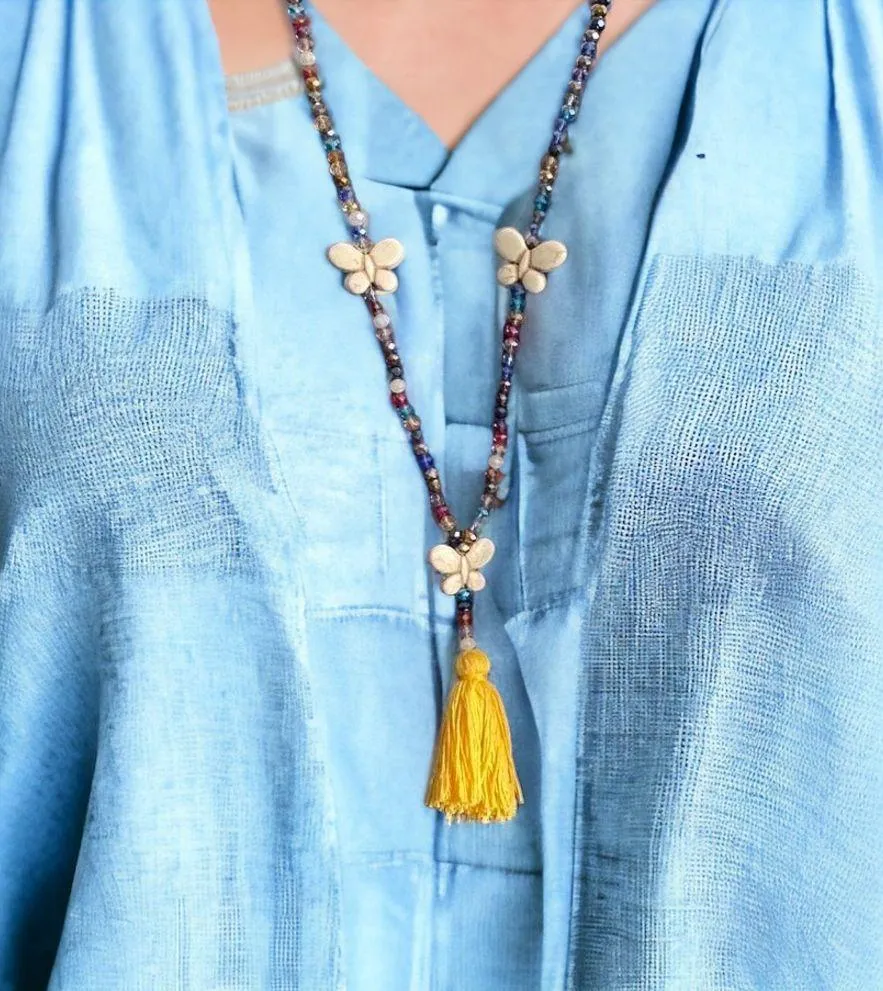 1Pc Boho Sweater Necklace Colorful Beaded Yellow Tassel Cross Feather Charm Fash - Image 2