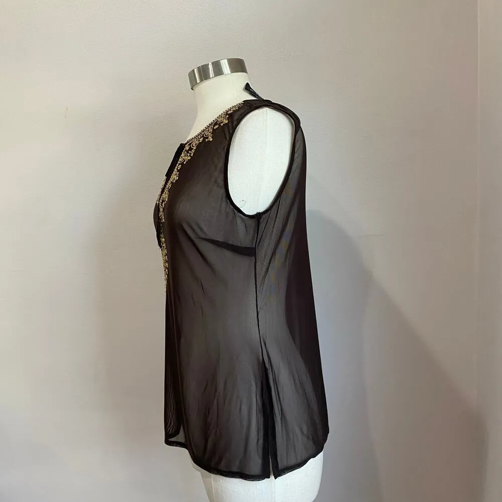 New York & Company Embellished Front Tie Brown Mesh Y2K Tank Size Small - Image 2