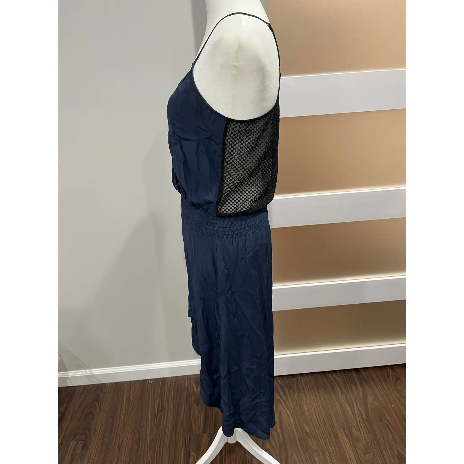 Parker Navy Blue Silk Blend Mesh Back Smocked Waist hi low Midi Dress Size S - Image 4