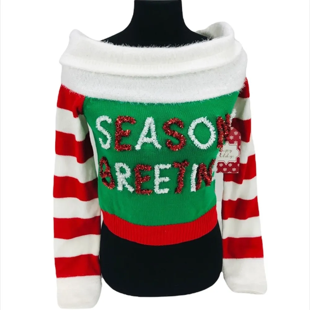 Derek Heart Seasons Greetings Christmas Sweater, Green, White, Red, Small - Image 7