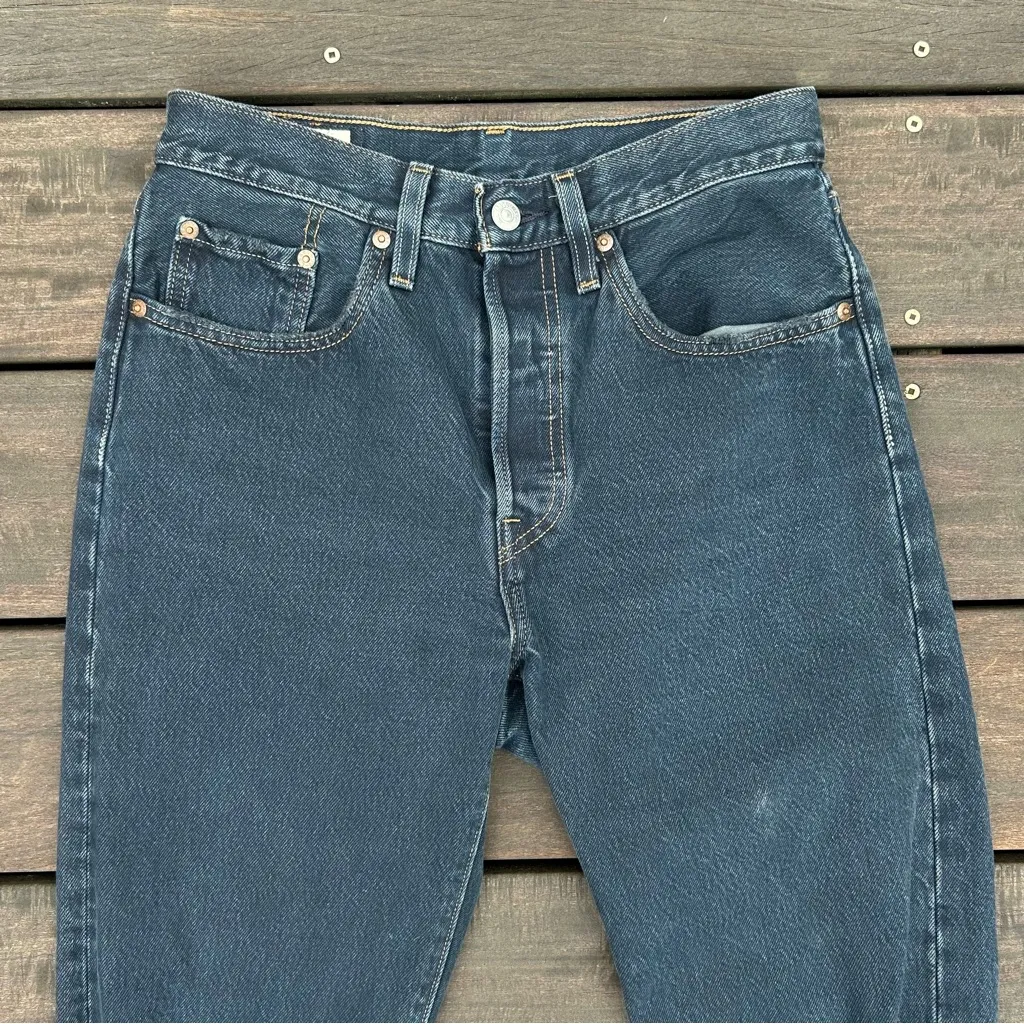 Levi's Straight Leg 501 Dark Wash Blue Denim Jeans w/ Distressed Knees - Image 7