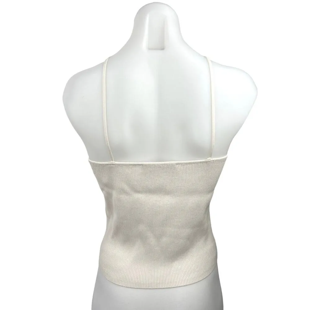 Zara White Ribbed Knit Halter Neck Spaghetti Strap Stretch Cami Tank Top Size L - Image 2