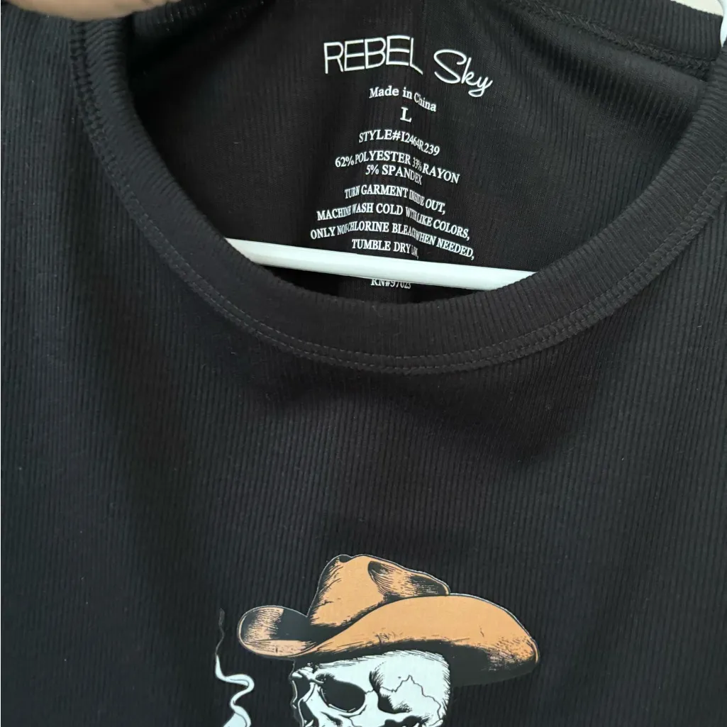 Smoking Cowboy Skull Ribbed Hamdmade Tshirt Black Size L - Image 3