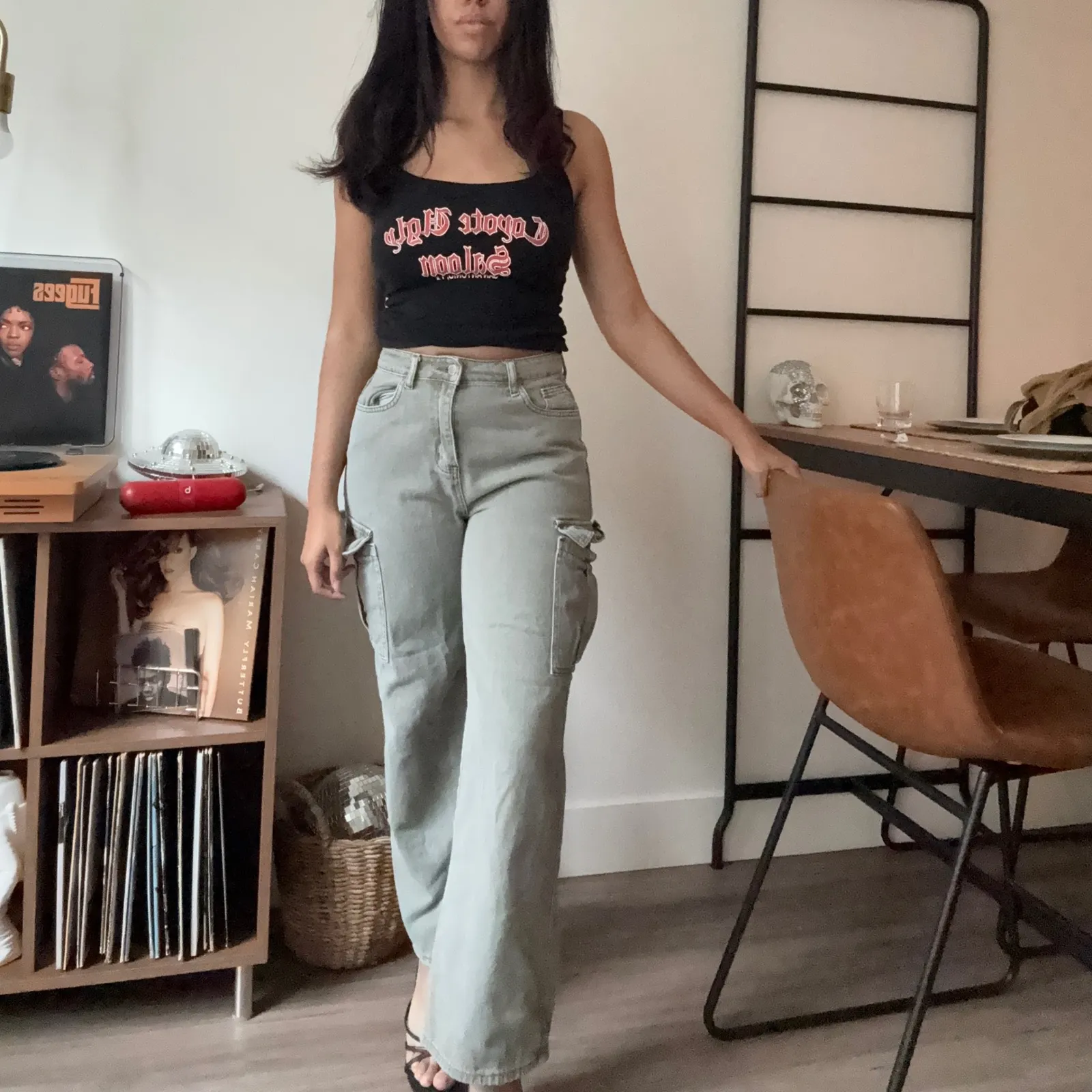 SHEIN Cargo Pants Light Green Wide‎ Leg Utility Pockets Size 28 - Image 2