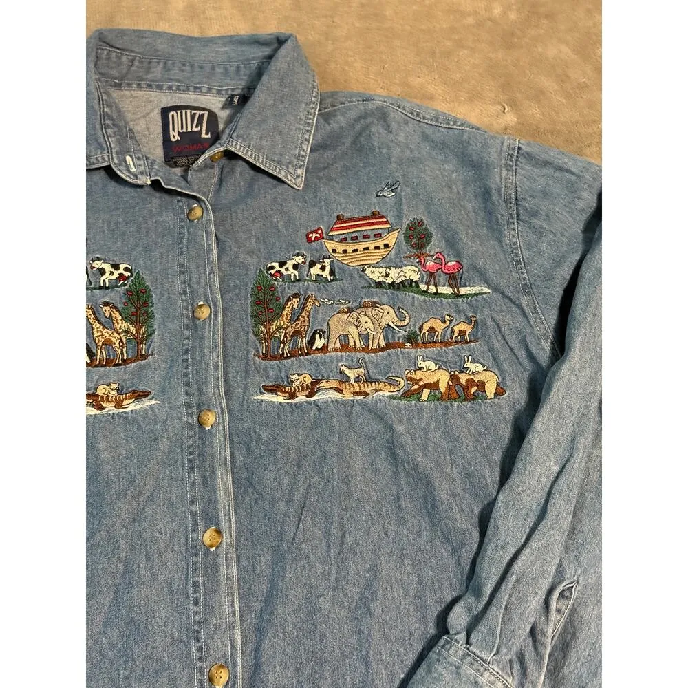Quizz Shirt Women Size 22 Vintage Noah's Ark Scene Button Up Cotton Embroidery‎ Blue - Image 4