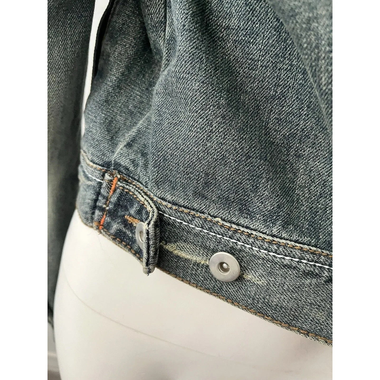 Y2k Double Edition Grunge Distressed Cropped Denim Jacket Size L Dark Blue Wash Size L - Image 7