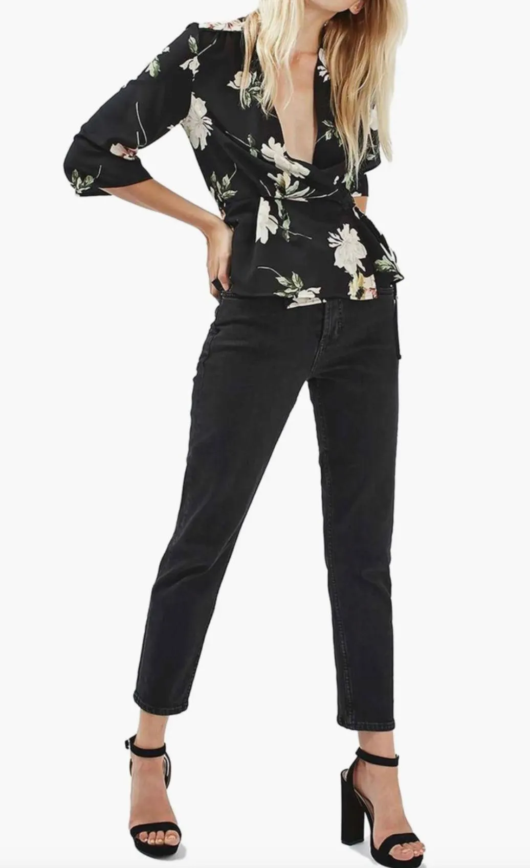 Floral Print Elbow Sleeve Wrap Blouse Black Multi Size 4 - Image 4