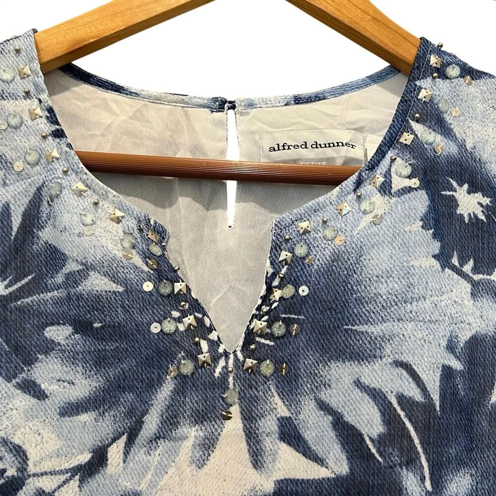 ALFRED DUNNER Floral V Neck Top Sz 14 Petite Blue White Lined Beaded 3/4 Sleeve - Image 2