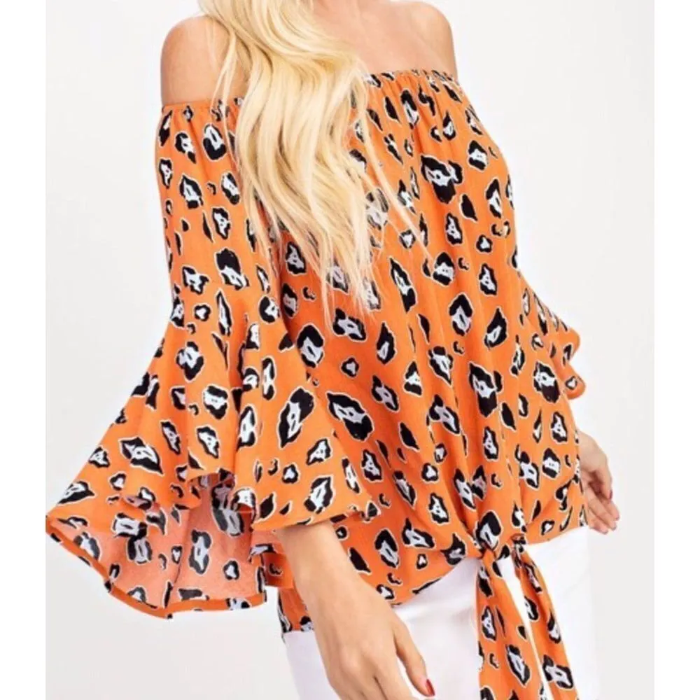 143 Story By Line Up Orange Leopard Off The Shoulder Tie Top Size XL - Image 3