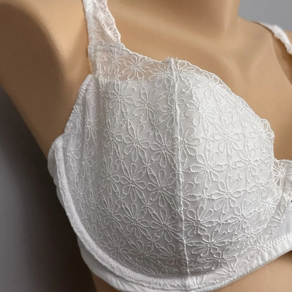 Vintage Vassarette Bra Size 42DD White Flower Mesh Overlay Underwire 75-899 - Image 4