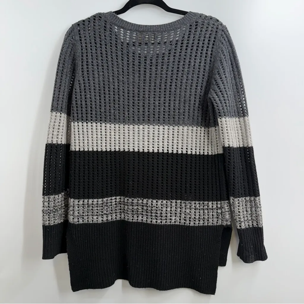 Olivia & Grace 100% Cashmere Open Knit Colorblock Sweater Small Gray Black - Image 6