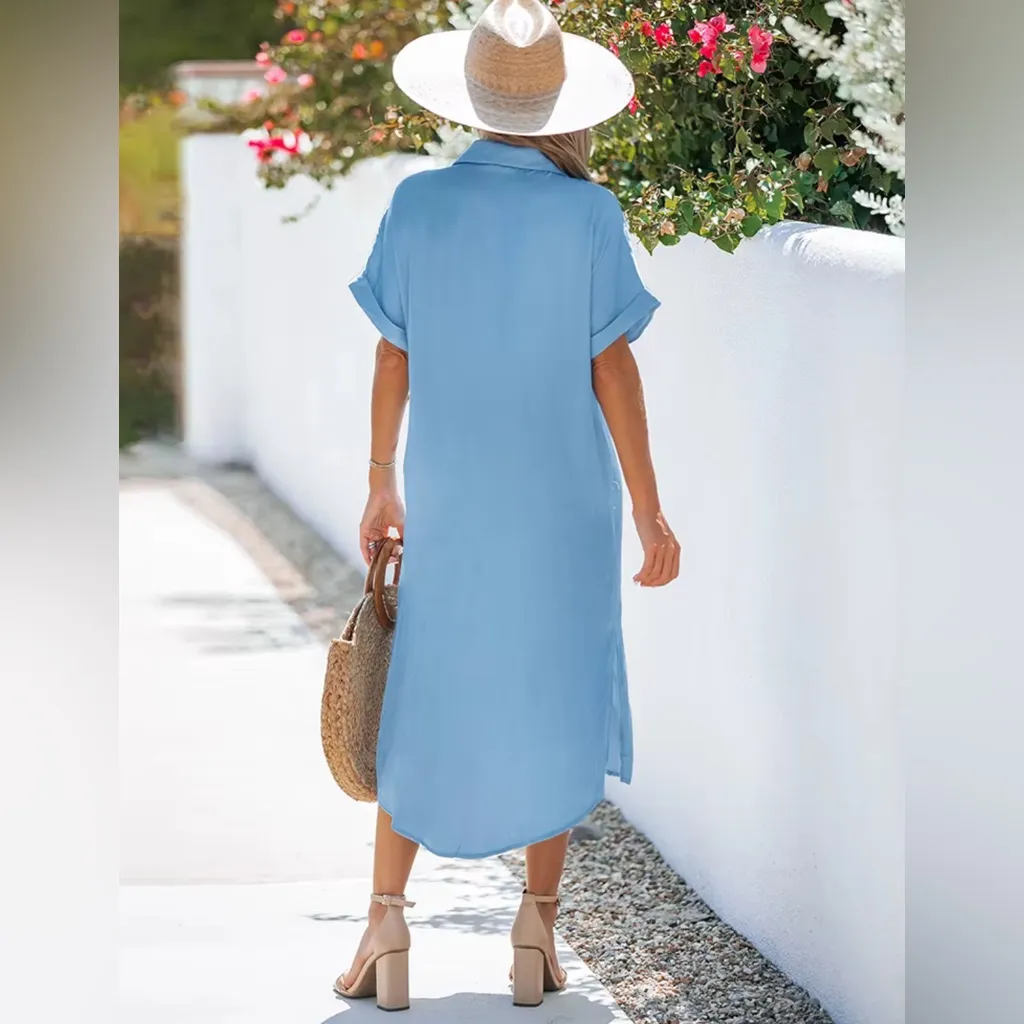 NEW Cupshe Button Dress Shirt Dress Cover Up Chambray Blue Beach XL - Image 8