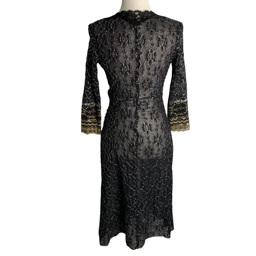 Vintage 90s Betsey Johnson Sheer Lace Midi Dress L Black Silver Metallic Wrap - Image 4