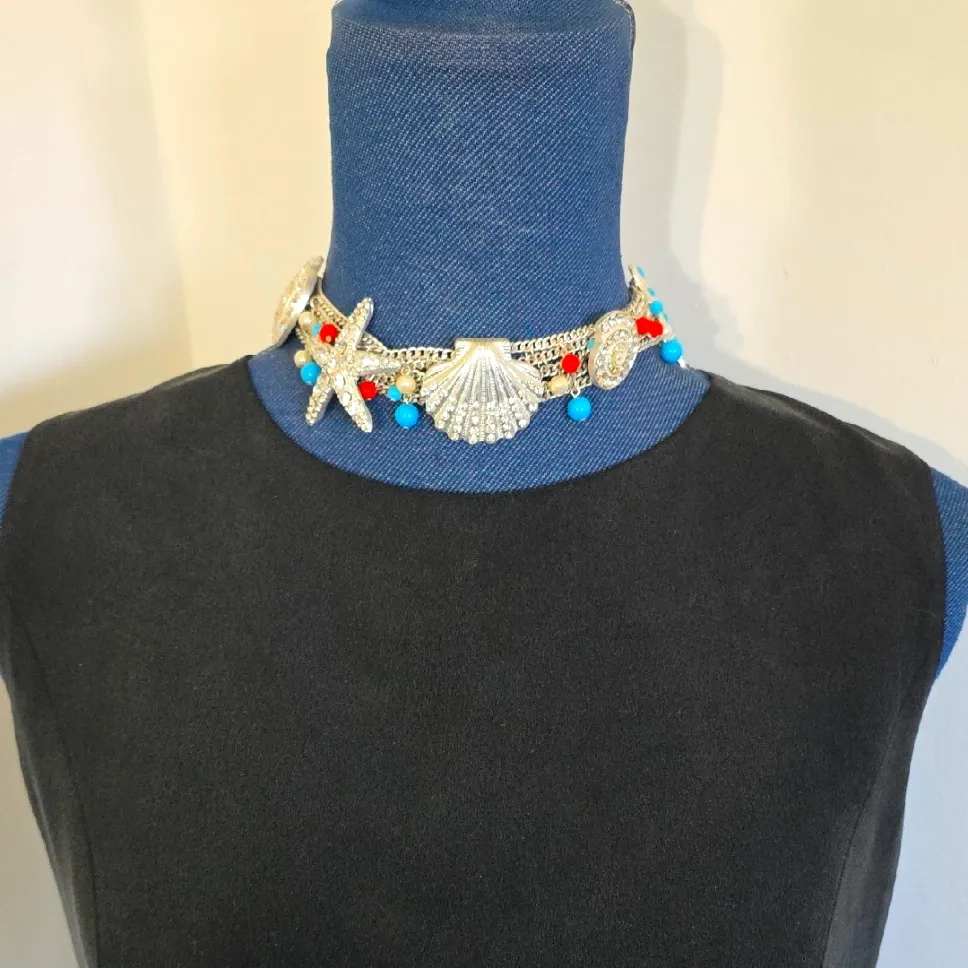 Vintage Silver Chain Choker Necklace Earrings Set Chunky Sea Life Blue - Image 7