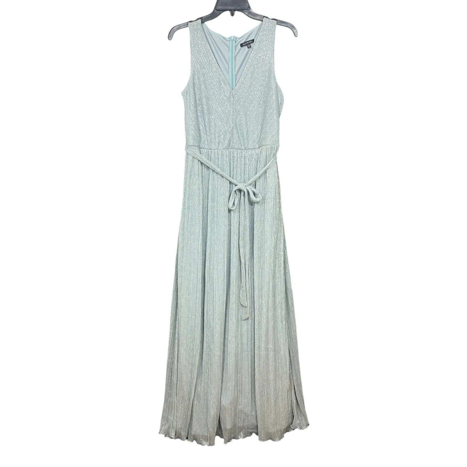 MARINA Womens Pale Blue Metallic Pleated V Neck Maxi Dress Belted Size M Size M - Image 2