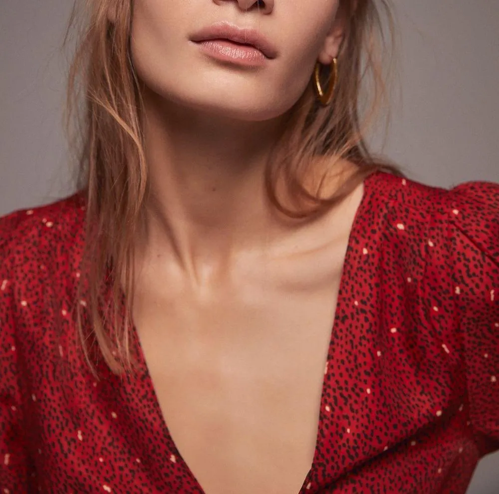 Zara Printed V-Neck Long Sleeve Ruched Dress Puff Shoulders Red/Black Size M NEW - Image 5