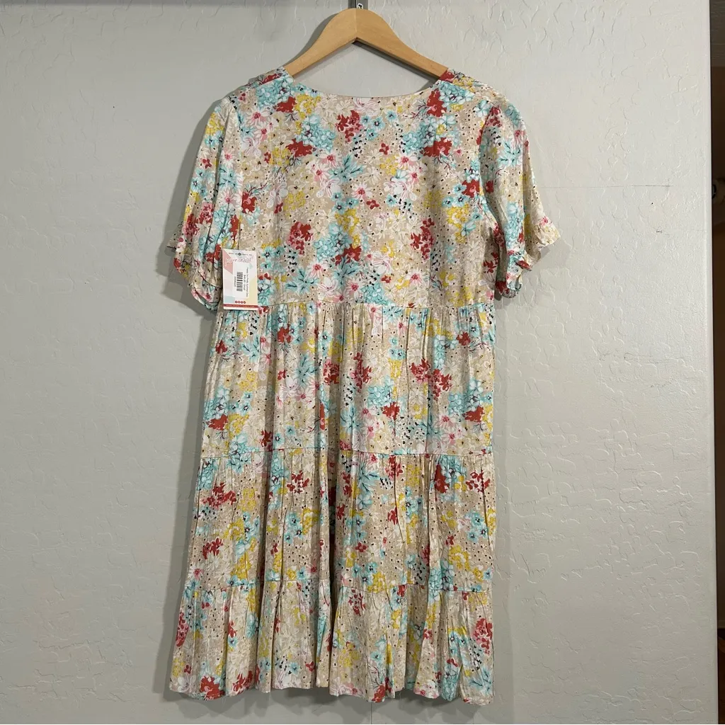 Hailey & Co Floral Tiered Babydoll Dress Small NWT Ruffle Sleeve Lined Rayon Yellow - Image 8