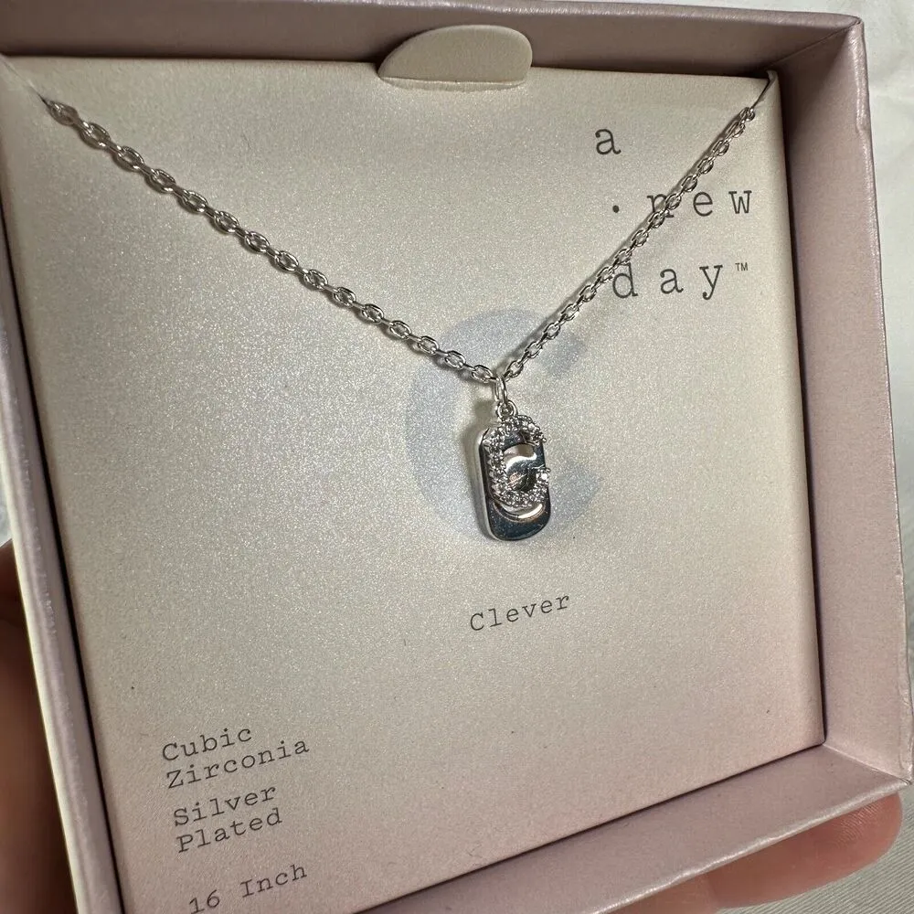 A New Day Silver Plated Letter C Clever Necklace Cubic Zirconia 16 inch New - Image 2